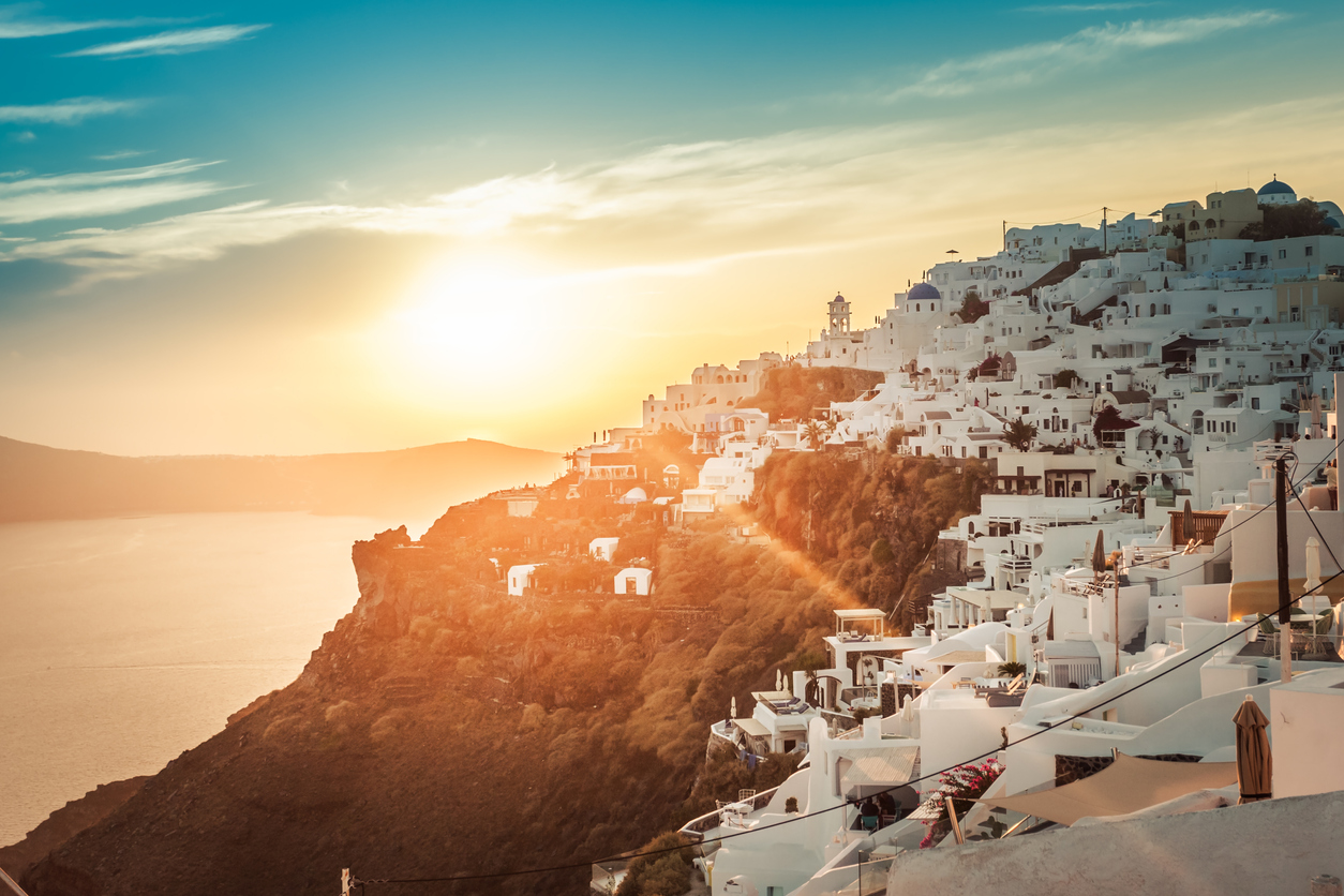 Beautiful Sunset View From Imerovigli Town Of Santorini Island In Greece