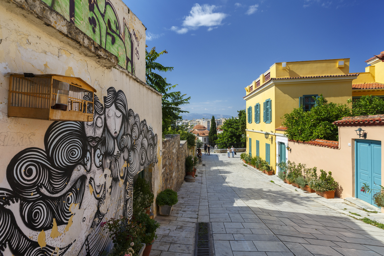 Athens, Greece - May 26, 2018: Street In Plaka Neighbourhood In Athens, Greece. "n